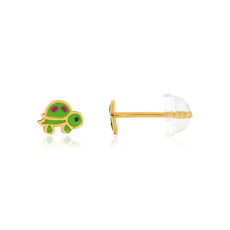 Boucles d'oreilles or jaune 375, laque. Motif tortue. - vue 1