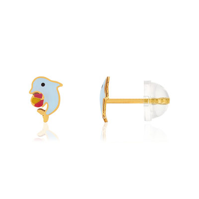 Earrings, yellow gold 375, lacquer. Dolphin and balloon motif.