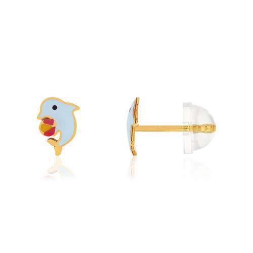 Earrings, yellow gold 375, lacquer. Dolphin and balloon motif.