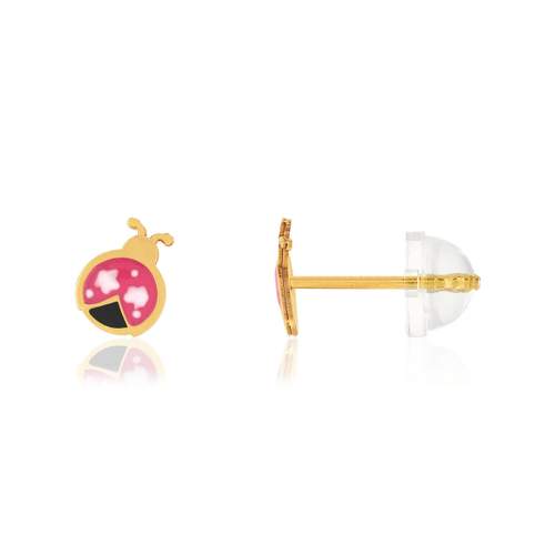 Boucles d'oreilles or jaune 375, laque. Motif coccinelle.