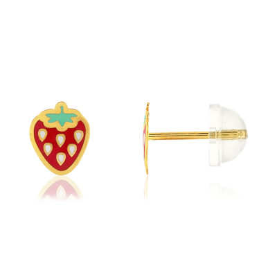 Boucles d'oreilles or jaune 375, laque. Motif fraise. - vue 1