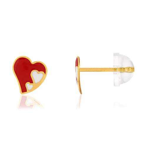 Boucles d'oreilles or jaune 375, laque. Motif coeur.