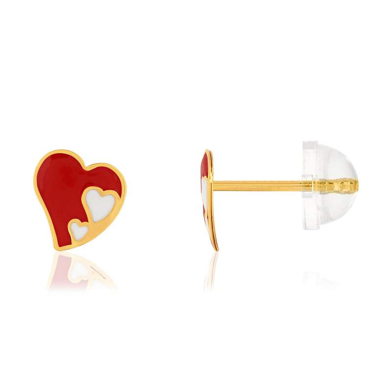 Boucles d'oreilles or jaune 375, laque. Motif coeur. - vue 1