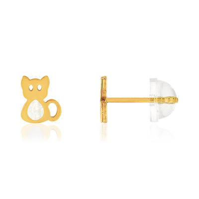 Earrings, yellow gold 375, mother-of-pearl. Cat motif.