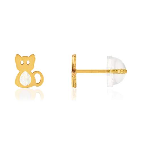 Boucles d'oreilles or jaune 375, nacre. Motif chat.