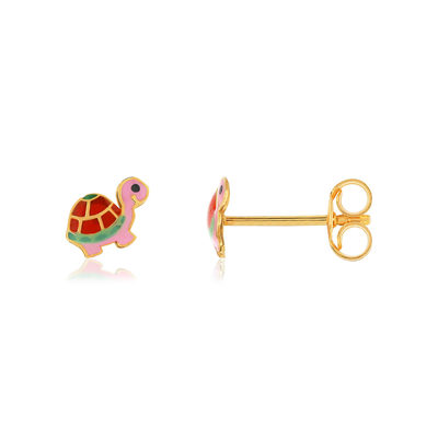Boucles d'oreilles or jaune 375, laque. Motif tortue.