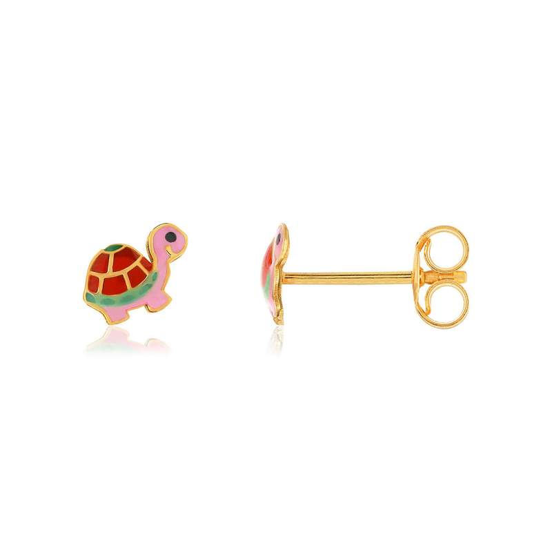 Boucles d'oreilles or jaune 375, laque. Motif tortue. - vue 1