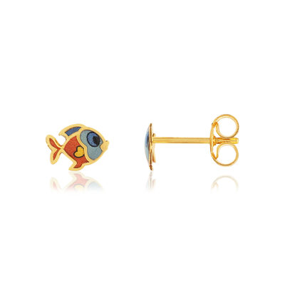 Earrings, yellow gold 375, lacquer. Fish motif.