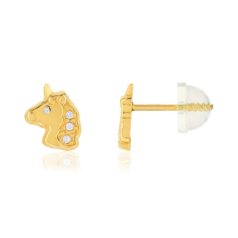Oorbellen van 375 geelgoud met zirkonia's. Paardenmotief. - afbeelding 1