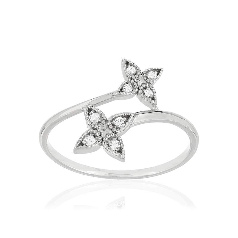 Bague or blanc 375 fleurs diamants - vue 1