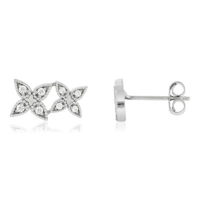 Boucles d'oreilles or blanc 375, diamants. Motif fleurs.