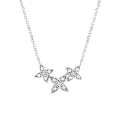 Collier or blanc 375, diamants. Motif fleurs. Longueur 42 cm.