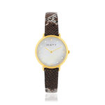 Women's yellow gold watch with brown synthetic strap - view 1