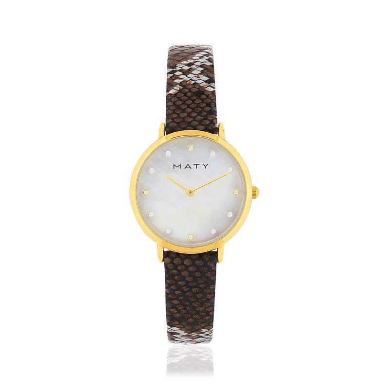 Montre femme doré jaune bracelet synthétique marron - vue 1