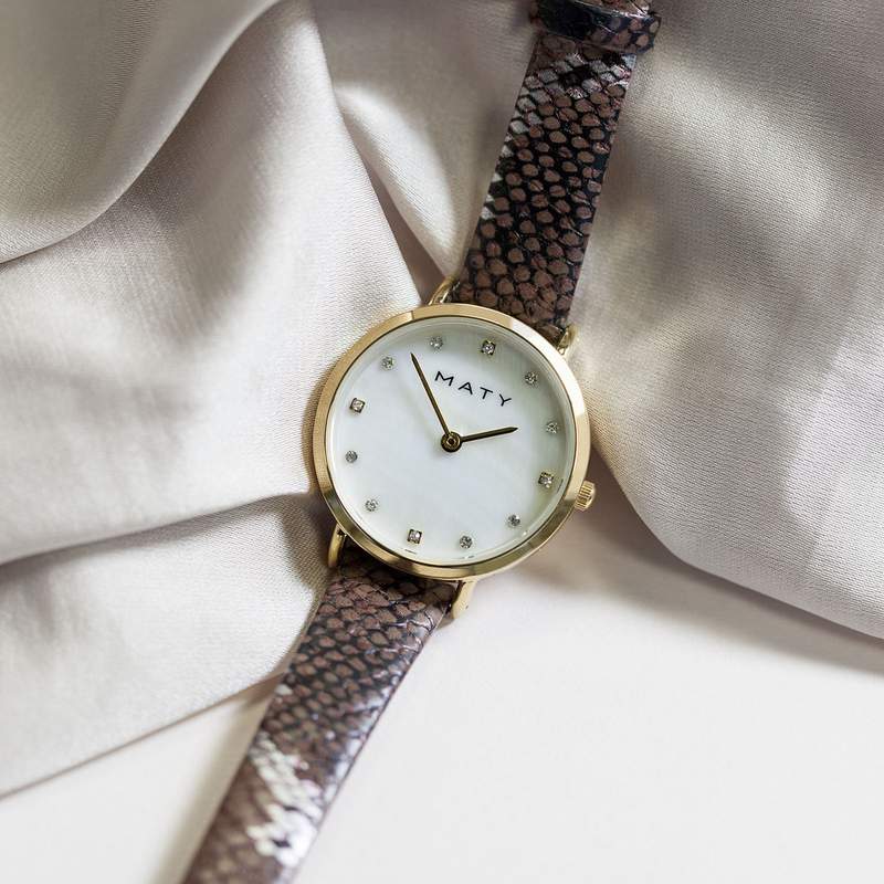 Montre femme doré jaune bracelet synthétique marron - vue D3