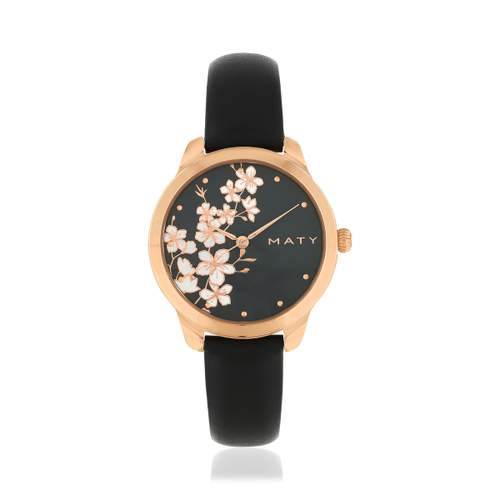 Montre femme doré rose bracelet cuir noir