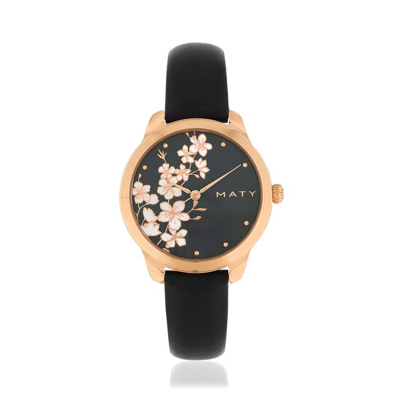 Montre femme doré rose bracelet cuir noir - vue 1