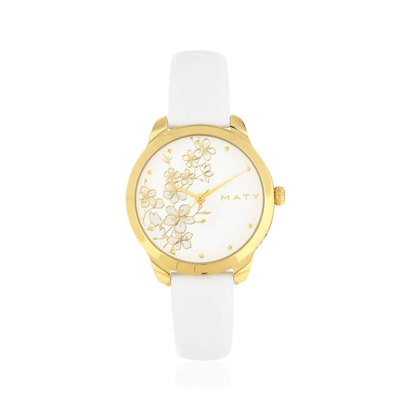 Montre femme doré jaune bracelet cuir blanc - vue 1
