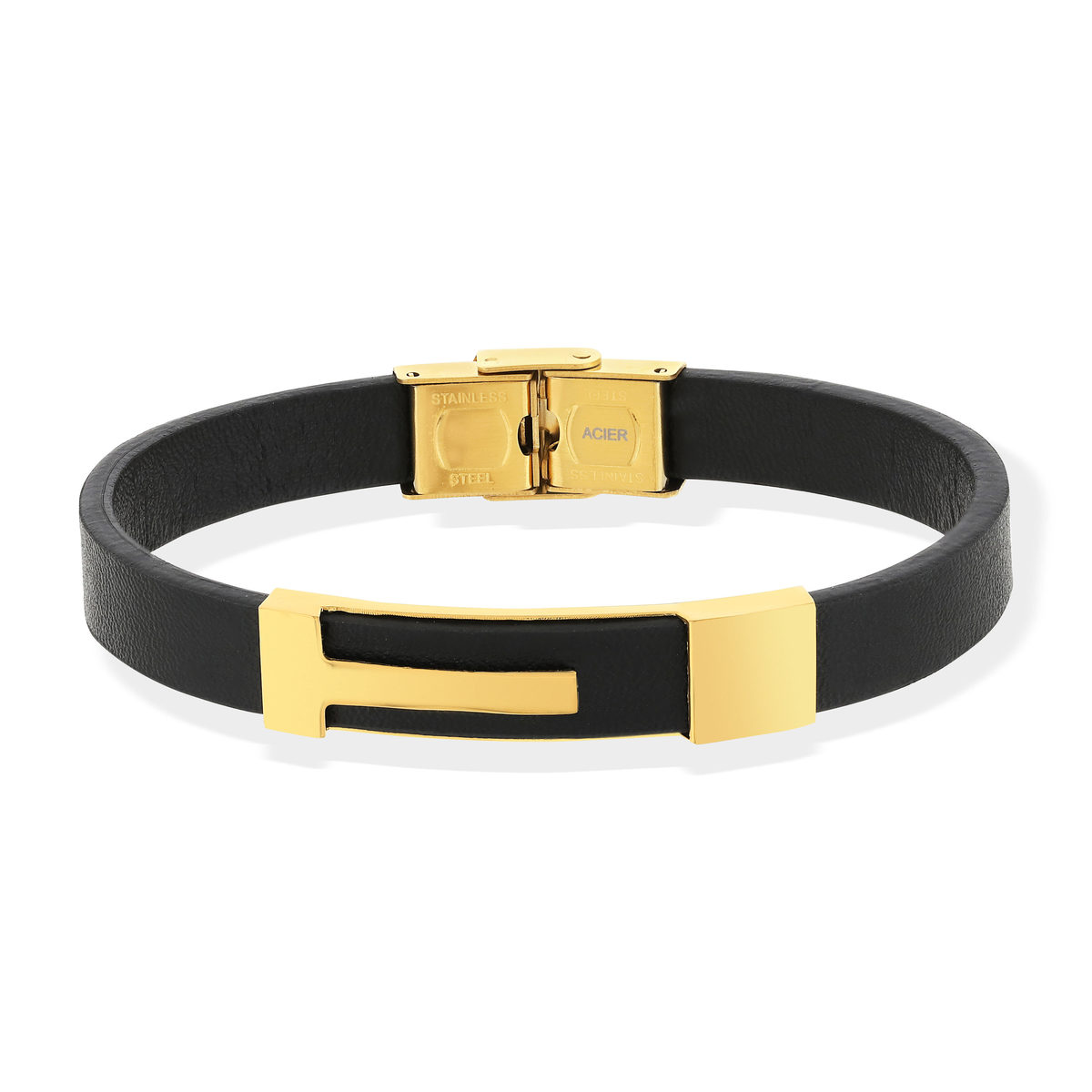 Bracelet acier doré cuir noir 21 cm