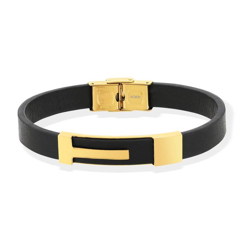 Bracelet acier doré cuir noir 21 cm - vue 1