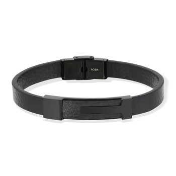 Bracelet acier noir cuir noir 21 cm