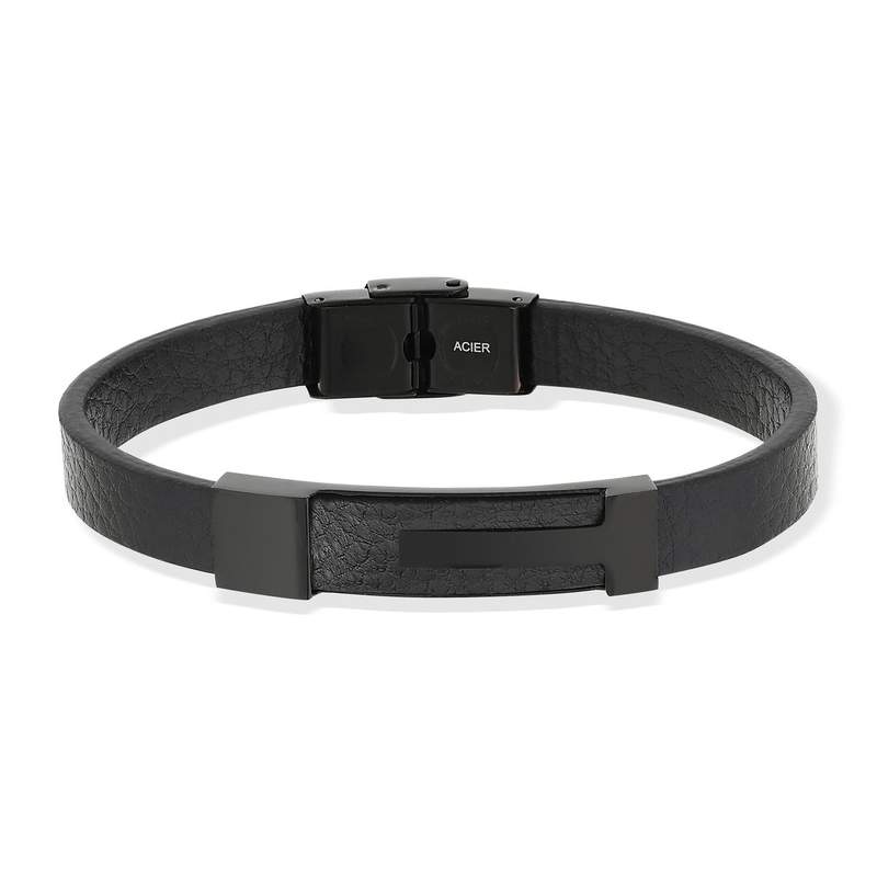 Bracelet acier noir cuir noir 21 cm - vue 1