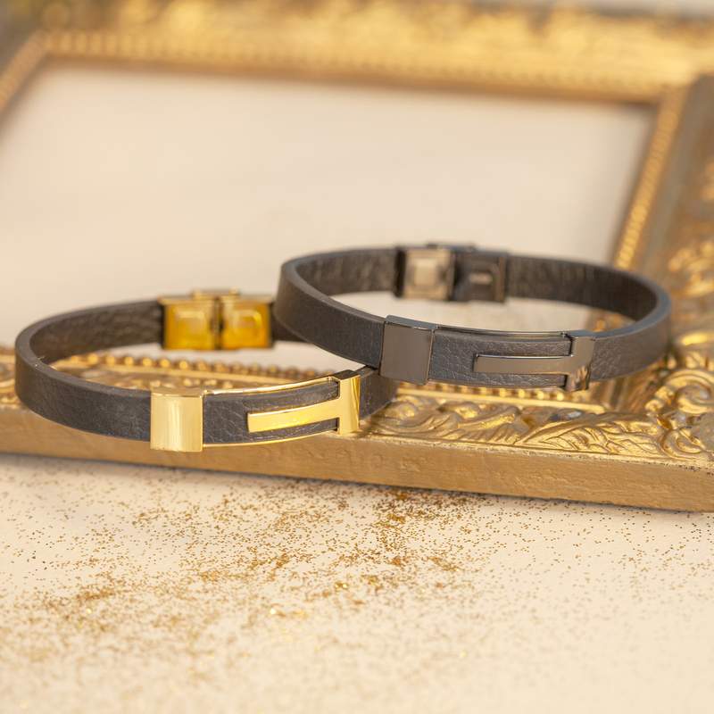 Bracelet acier noir cuir noir 21 cm - vue D1