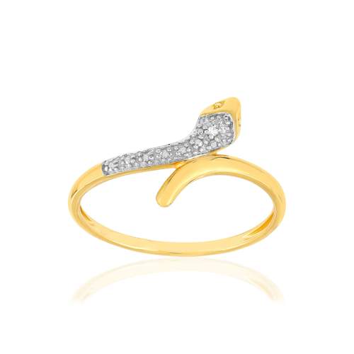 Bague or jaune 375 2 tons, diamant. Motif serpent.