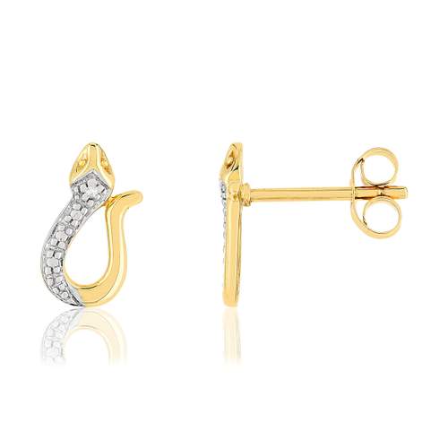 Boucles d'oreilles or 375 2 tons, diamants. Motif serpent.
