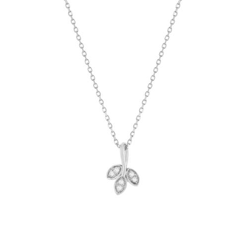 Collier or blanc 375, diamants, motif feuille. Longueur 42 cm.
