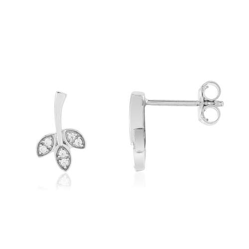 Boucles d'oreilles or blanc 375, diamants, motif feuille.