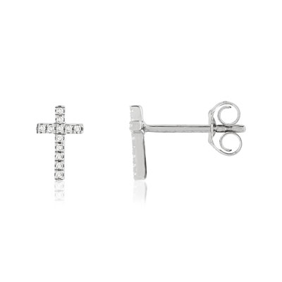Boucles d'oreilles or blanc 375, motif croix, diamants. - vue 1