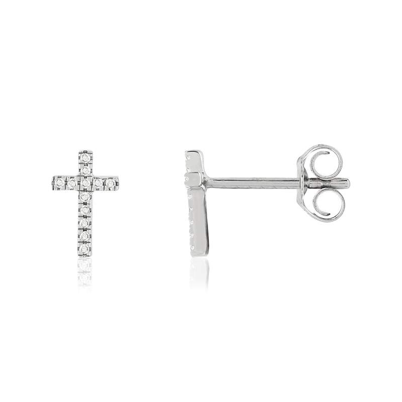 Boucles d'oreilles or blanc 375, motif croix, diamants. - vue 1
