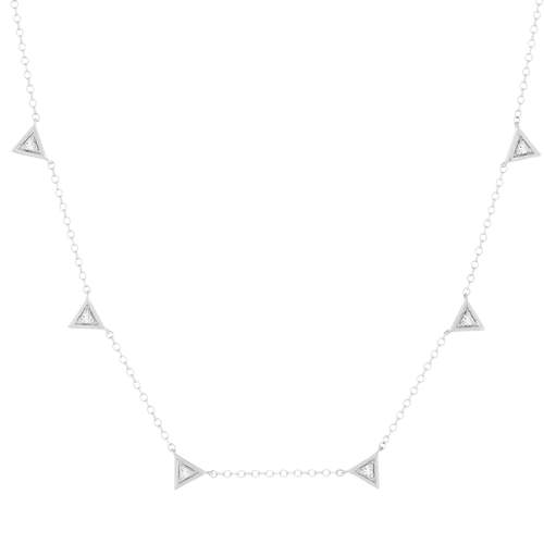 Collier or blanc 375, motif triangle, diamants. Longueur 45 cm.