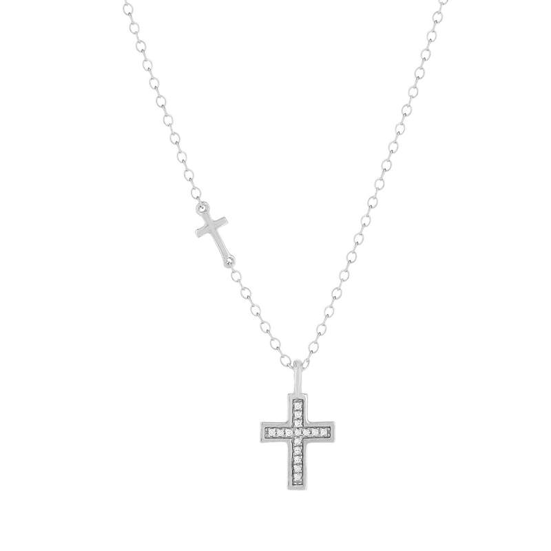 Collier or blanc 375, motif croix, diamants. Longueur 45 cm - vue 1