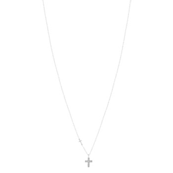 Collier or blanc 375, motif croix, diamants. Longueur 45 cm