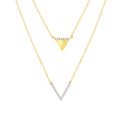 Collier or 375 2 tons, forme triangle, diamants. Longueur 45 cm. - vue 1