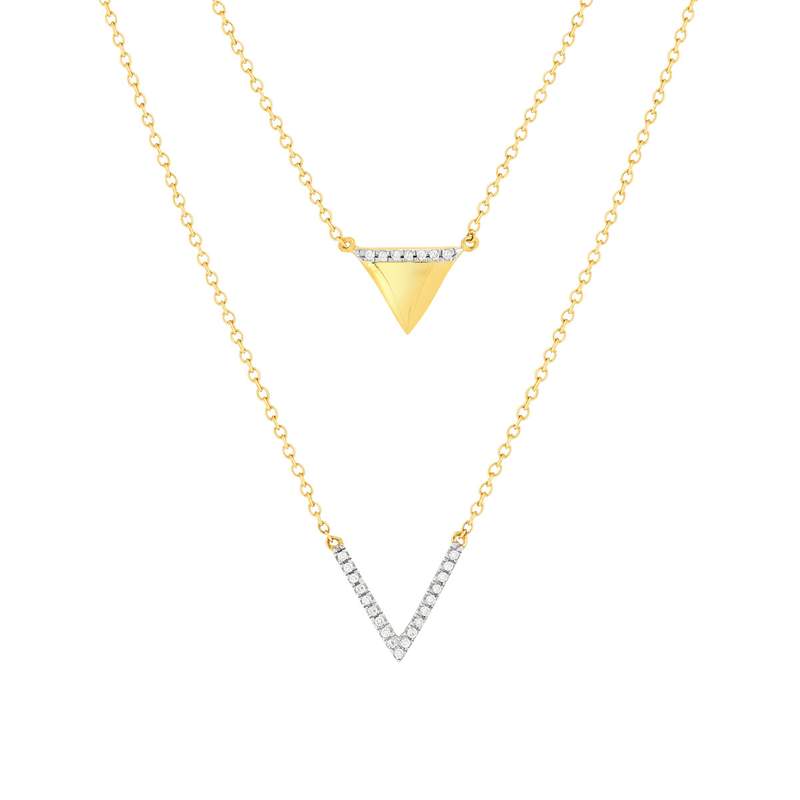 Collier or 375 2 tons, forme triangle, diamants. Longueur 45 cm. - vue 1