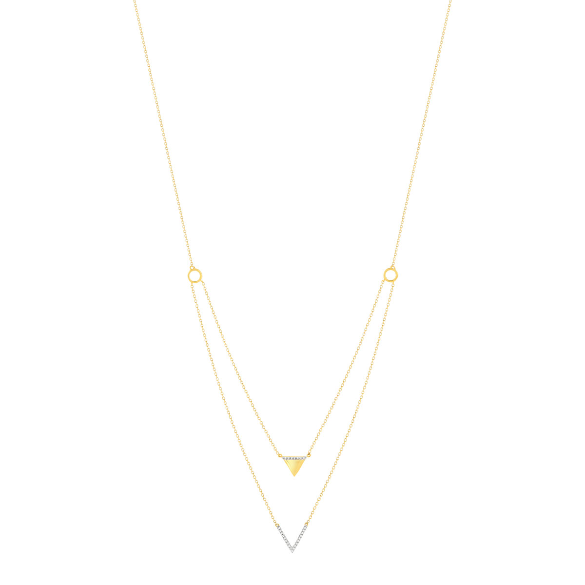 Collier or 375 2 tons, forme triangle, diamants. Longueur 45 cm. - vue 2