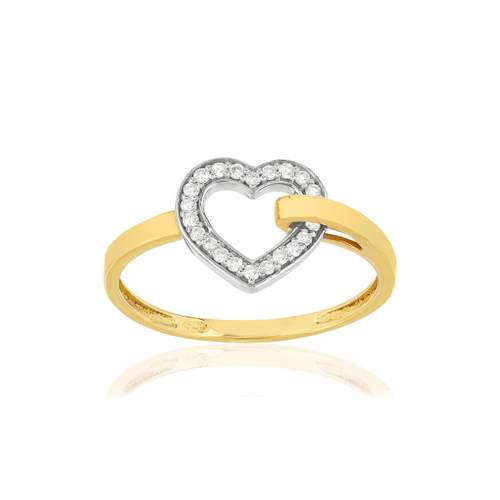 Bague or 375 et or rhodié, forme coeur, diamants total 10/100e de carat.