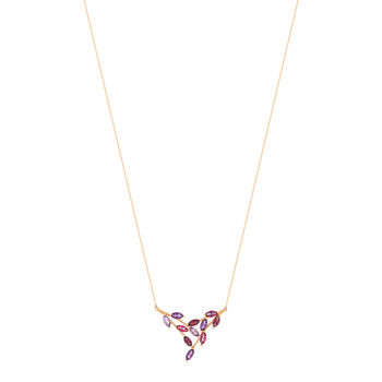 375 rose gold necklace with amethysts, rhodolite garnets, and treated pink topazes, 45 cm