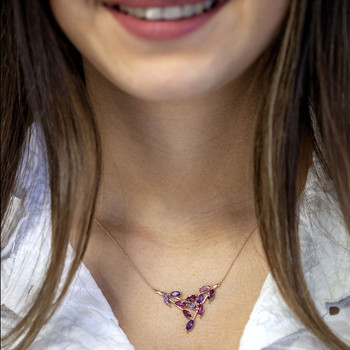 375 rose gold necklace with amethysts, rhodolite garnets, and treated pink topazes, 45 cm
