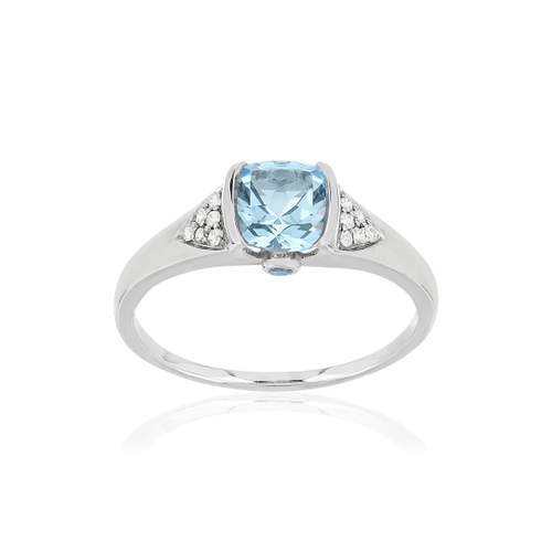 Bague or blanc 375, topazes bleue traitées et diamants.