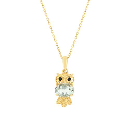 Collier or jaune 375, motif hibou, quartz vert, onyx.