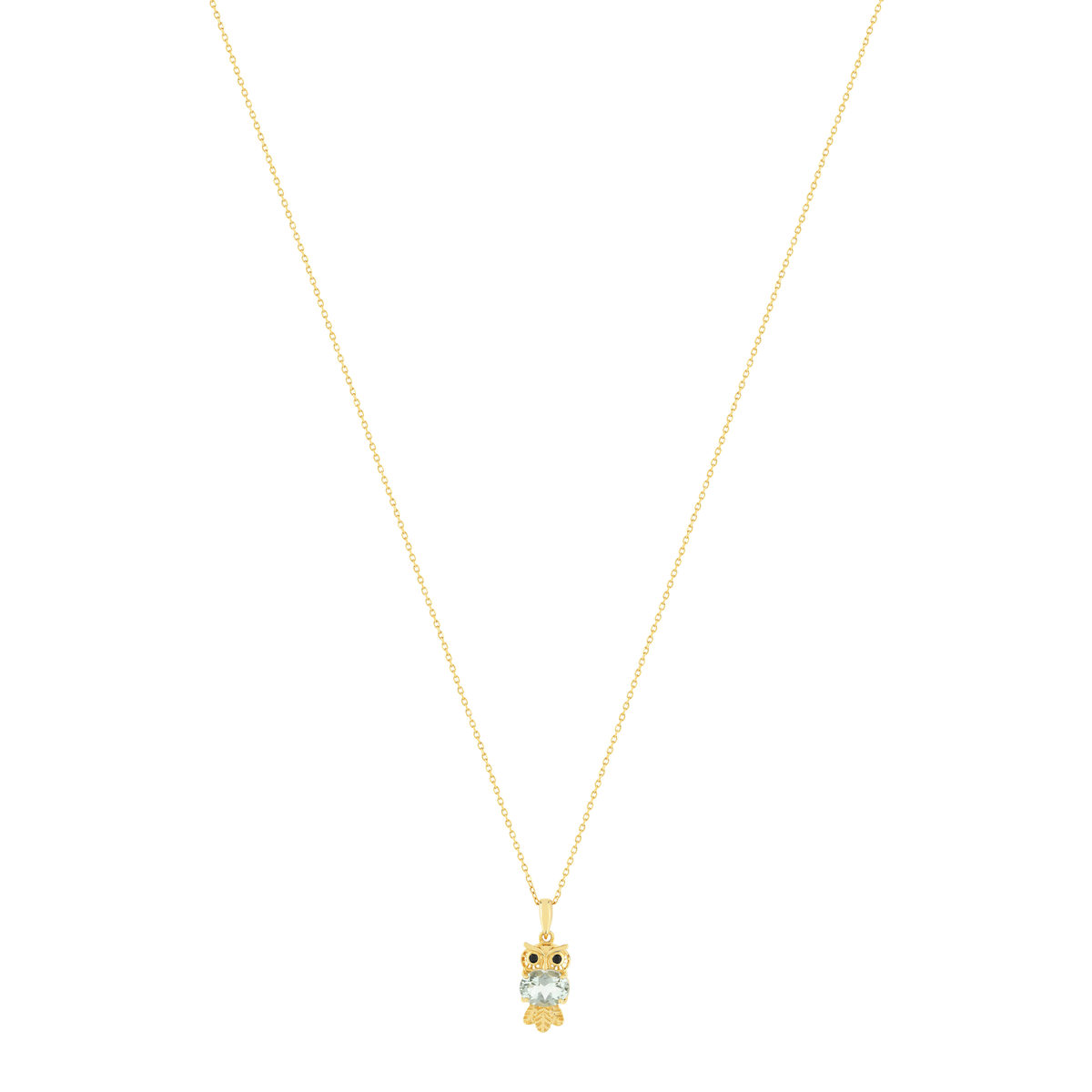 Collier or jaune 375, motif hibou, quartz vert, onyx. - vue 2