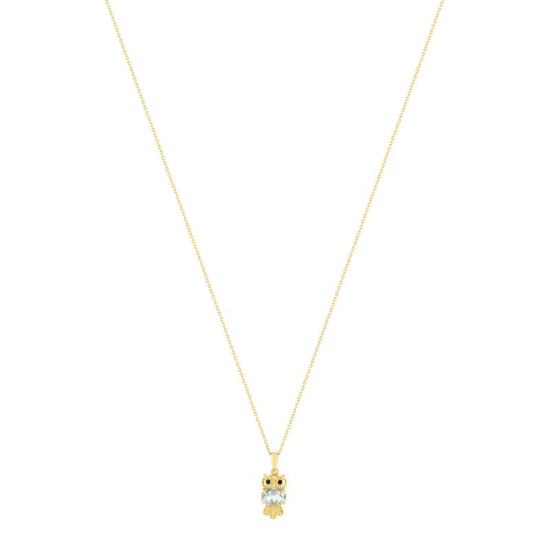 Collier or jaune 375, motif hibou, quartz vert, onyx. - vue 2