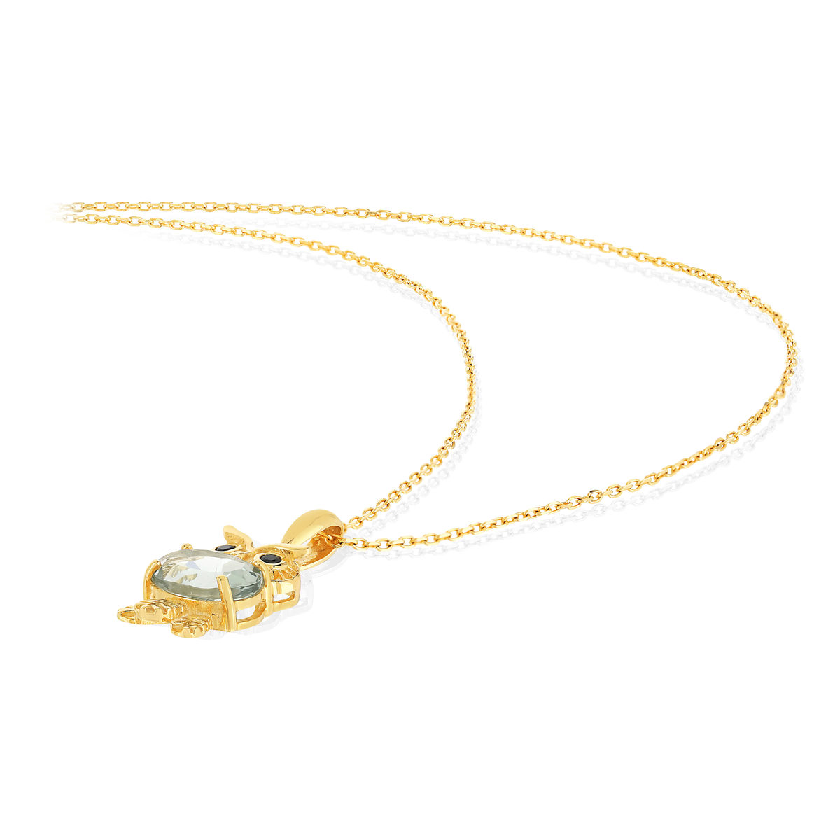 Collier or jaune 375, motif hibou, quartz vert, onyx. - vue D1