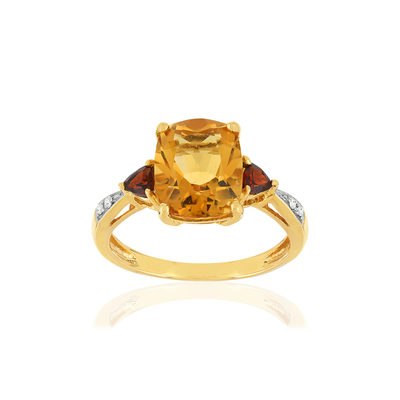 Bague or jaune 375, citrine, grenats, diamants. - vue 1