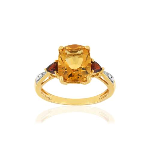 Bague or jaune 375, citrine, grenats, diamants.
