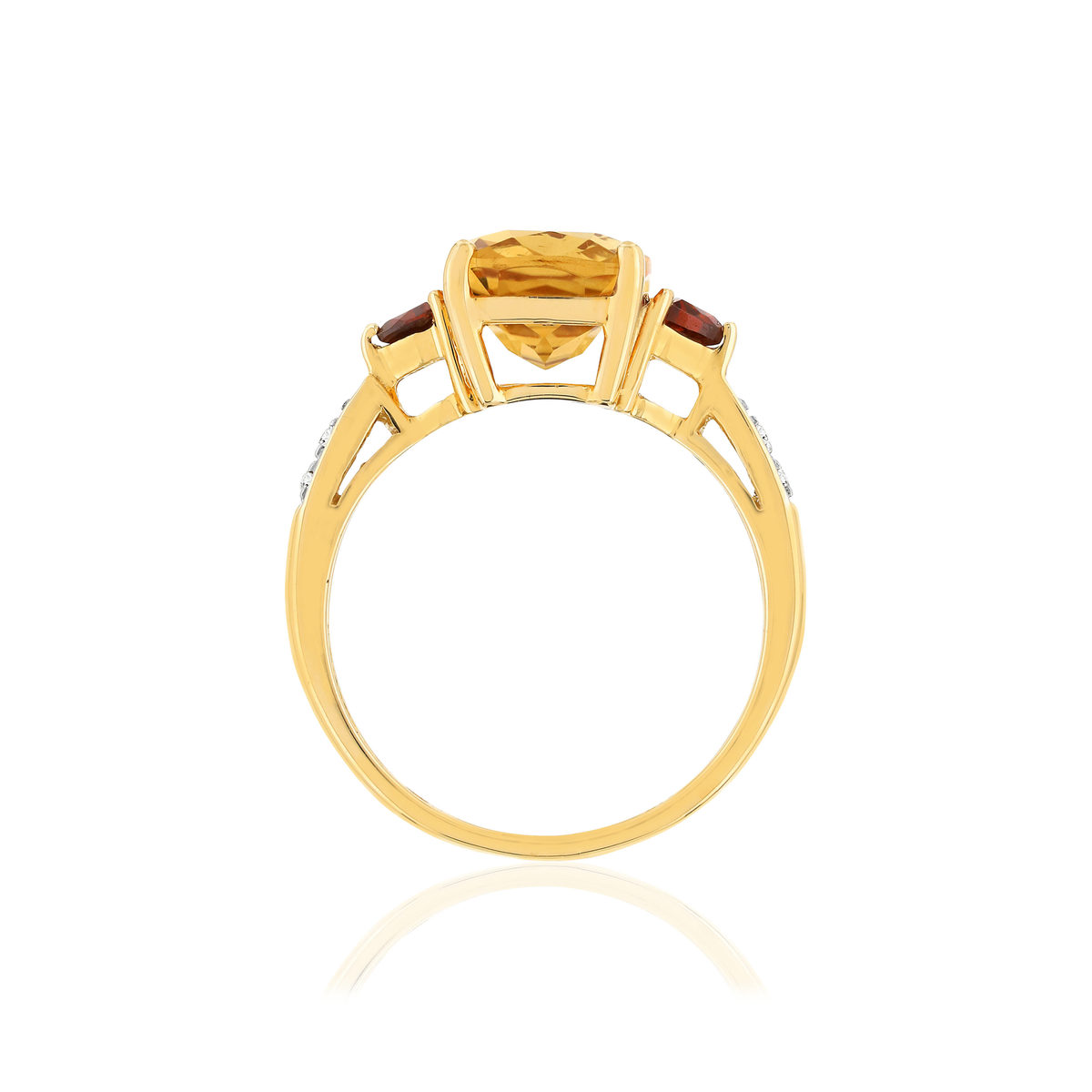 Bague or jaune 375, citrine, grenats, diamants. - vue 2